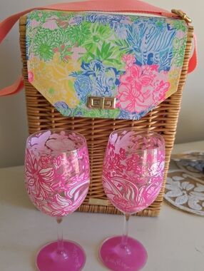 Lilly Pulitzer Hot Pink Floral Stemless Wine Glasses And Wine Basket